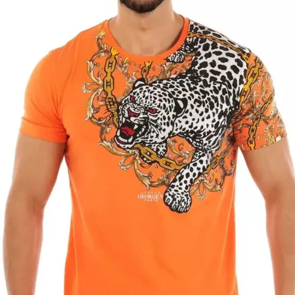 Avenue George V Paris T-Shirt  Graphic Leopard Short Sleeve Rhinestone XL 2XL